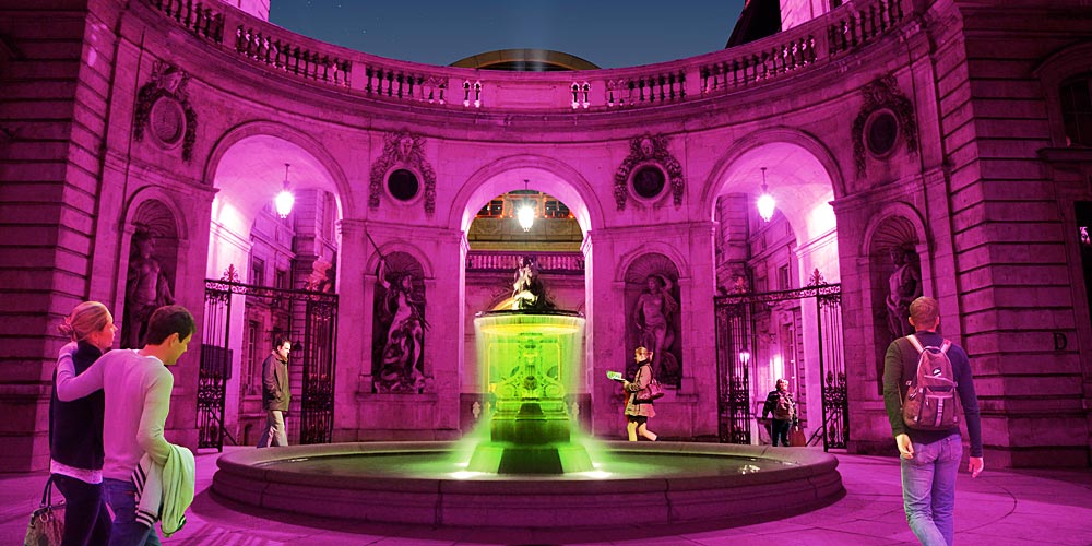 Vue de la fontaine dans la cour haute de l'Hôtel de Ville de Lyon. Image 3D réalisée par le Studio Alban Perret.
