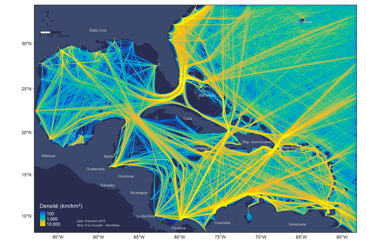 Carte des trafics de navires cargos dans les Caraïbes en 2015