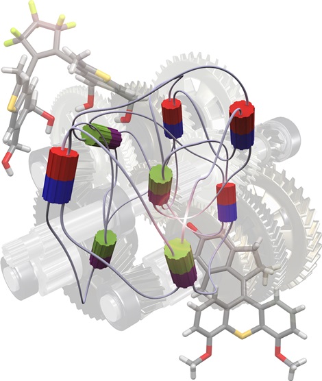 Représentation artistique d'une nanomachine associant des unités motrices (rouges et bleues) et des unités de débrayage (vertes et violettes) et liées par des unités de transmission (chaines polymères représentées sous forme de fils). 