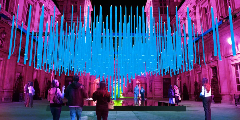 Vue de la cour haute de l'Hôtel de Ville de Lyon avec la suspension monumentale d'Éric Michel. Image 3D réalisée par le Studio Alban Perret.