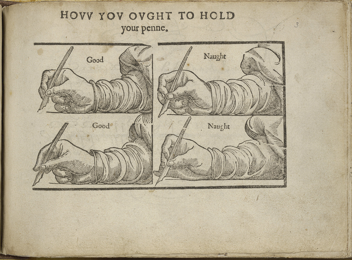 Dessin expliquant comment tenir une plume pour écrire (1611)
