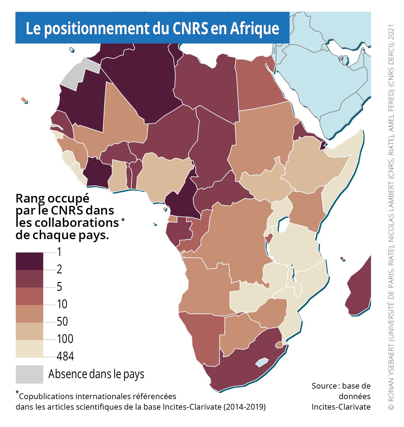 Carte donnant le rang du CNRS (de 1 à 484) dans les copublications internationales de chaque pays d'Afrique