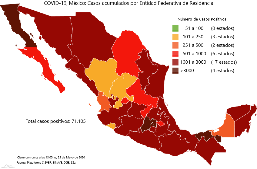 Carte des cas de COVID-19 au Mexique au 25 mai 2020