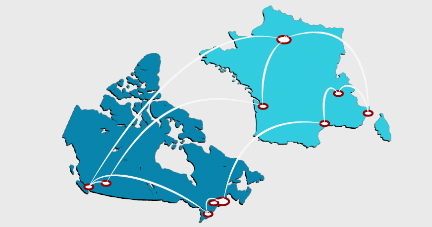 Carte de France et du Canada avec les 16 universités indiquées et des rayons les reliant en réseau