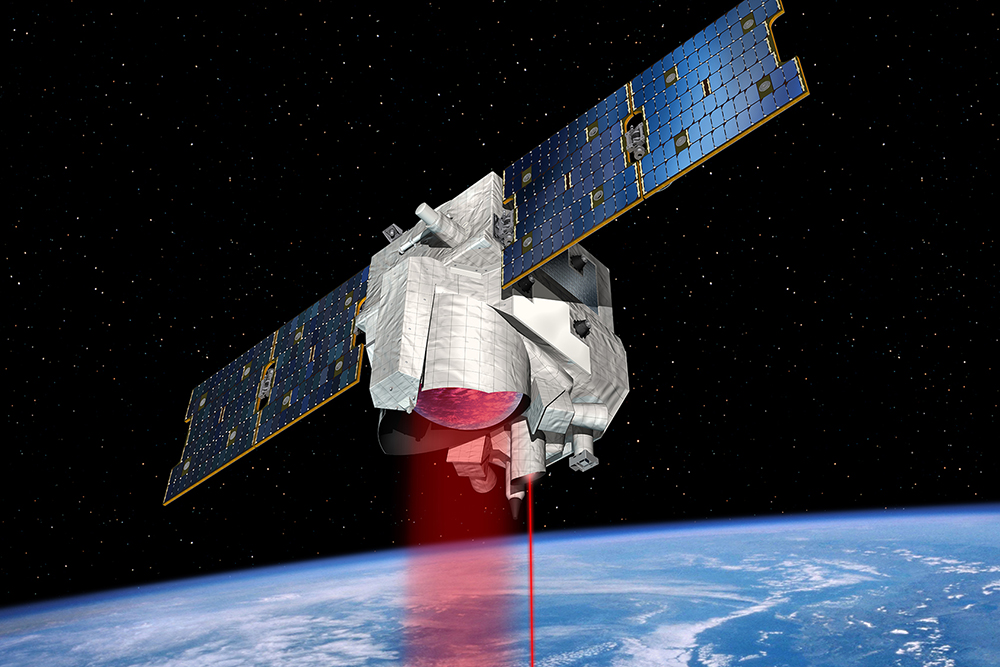 Satellite tirant un laser vers la surface de la Terre visible en arrière-plan