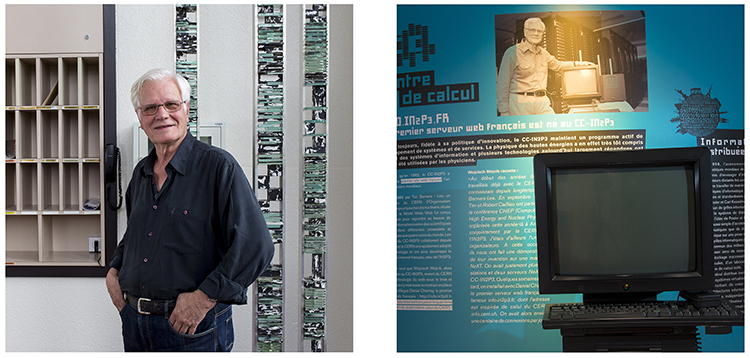 à gauche, l'ingénieur en informatique qui a créé la première page web en France ; à droite, son ordinateur NeXTcube exposé au musée de l'informatique du CC-IN2P3