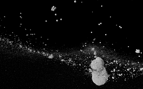 Image de l'étape finale d'une simulation de collision catastrophique de comètes effectuée par les auteurs, montrant l'un des objets formés par réaccumulation des débris de la collision de forme identique à Tchouri.