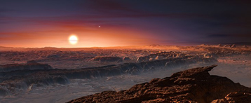 Figure 1. Vue d'artiste de la planète Proxima b en orbite autour de Proxima du Centaure.