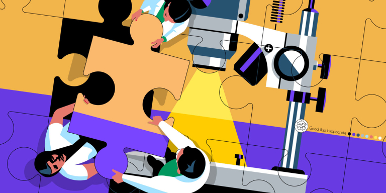 Illustration de plusieurs chercheurs qui, ensemble, portent une pièce d'un puzzle de microscope