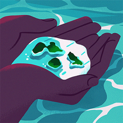 UIllustration d'une main qui tient en coupe de l'eau sur laquelle flotte les îles d'outre-mer