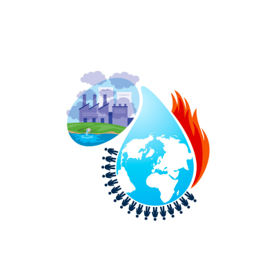 Dessin représentant la planète Terre dans une goutte d'eau entourée par les flammes et la pollution