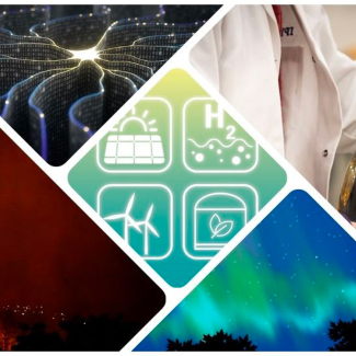 montage d'images reprenant le sujet des actualités du mois de février : mégafeux, hydrogène, aurores boréales, intelligence artificielle et neutrino