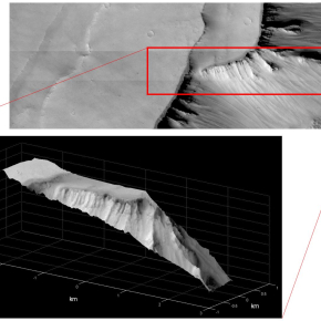 Image et  reconstruction 3D d’un versant du canyon de Noctis Labyrinthus. La topographie a pu être calculée avec une précision d’environ 2 mètres. © ESA / Roscosmos / CaSSIS[...]